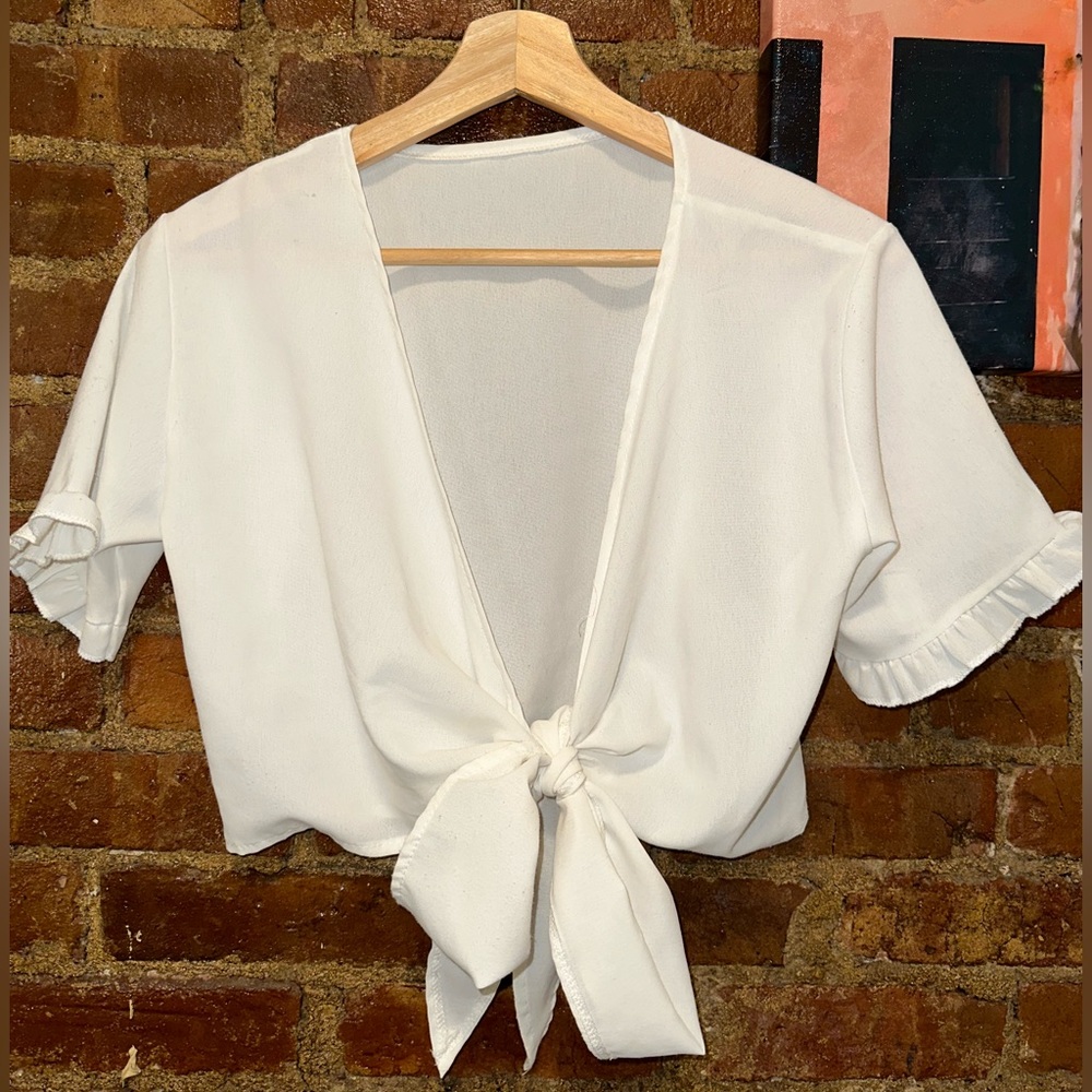 White cropped tie blouse